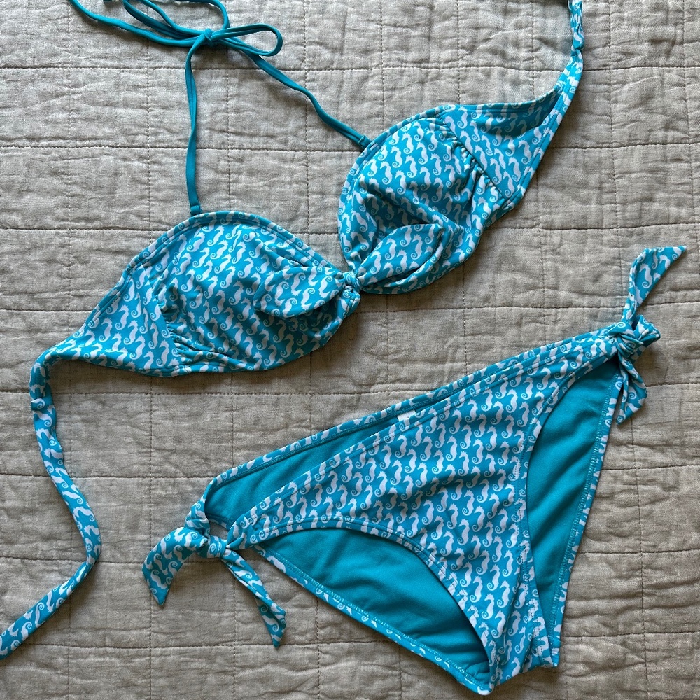 Gap Body Bandeau Bikini Top, Medium, Aqua and White